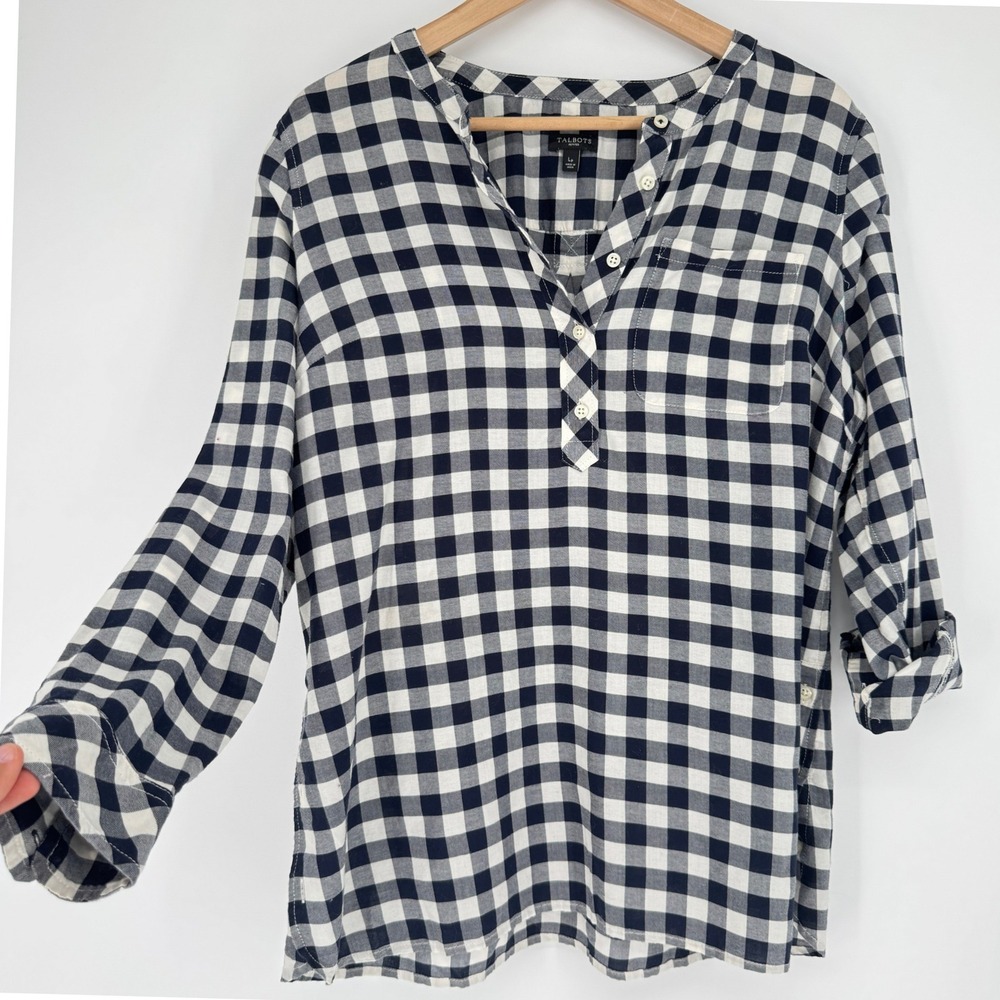 Talbots Gingham Cotton Tunic Top LP Buffalo Check Buttons Preppy Coastal Cottage